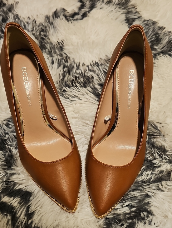 BCBGeneration Shoes - BCBGeneration Tan Pointed-Toe Pumps with Gold Chain Accent